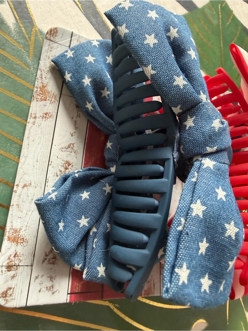Patriotic Bow Hair Claw Clip Set Red White Blue Stars Stripes - Picture 3 of 6